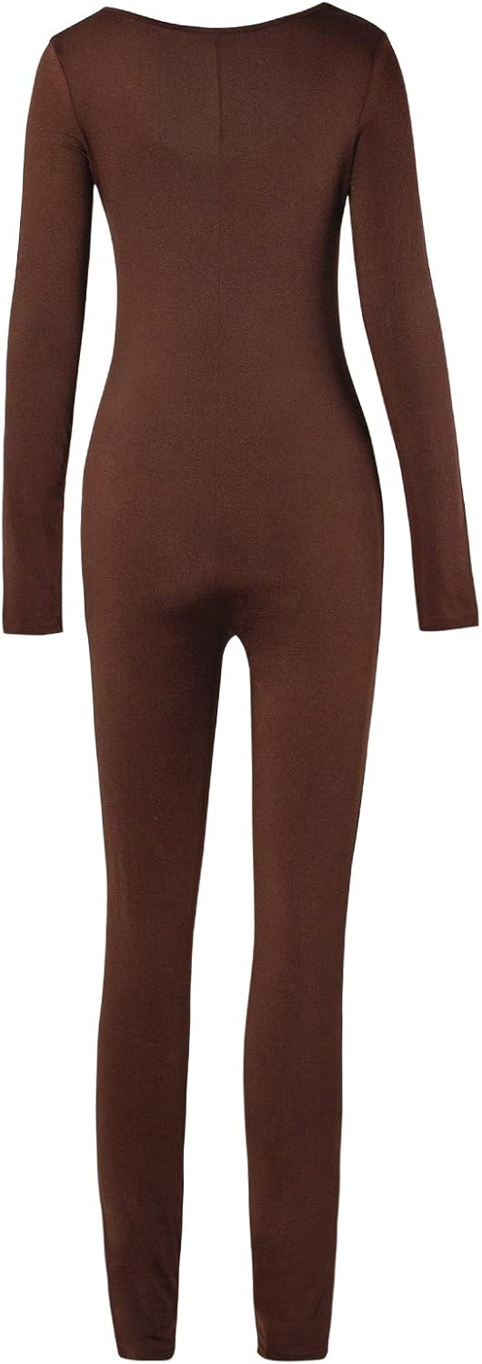 VWIWV Women's Sexy Long Sleeve Scoop Neck High Waist Bodycon Jumpsuits Solid Color One Piece Outfits - Image 4