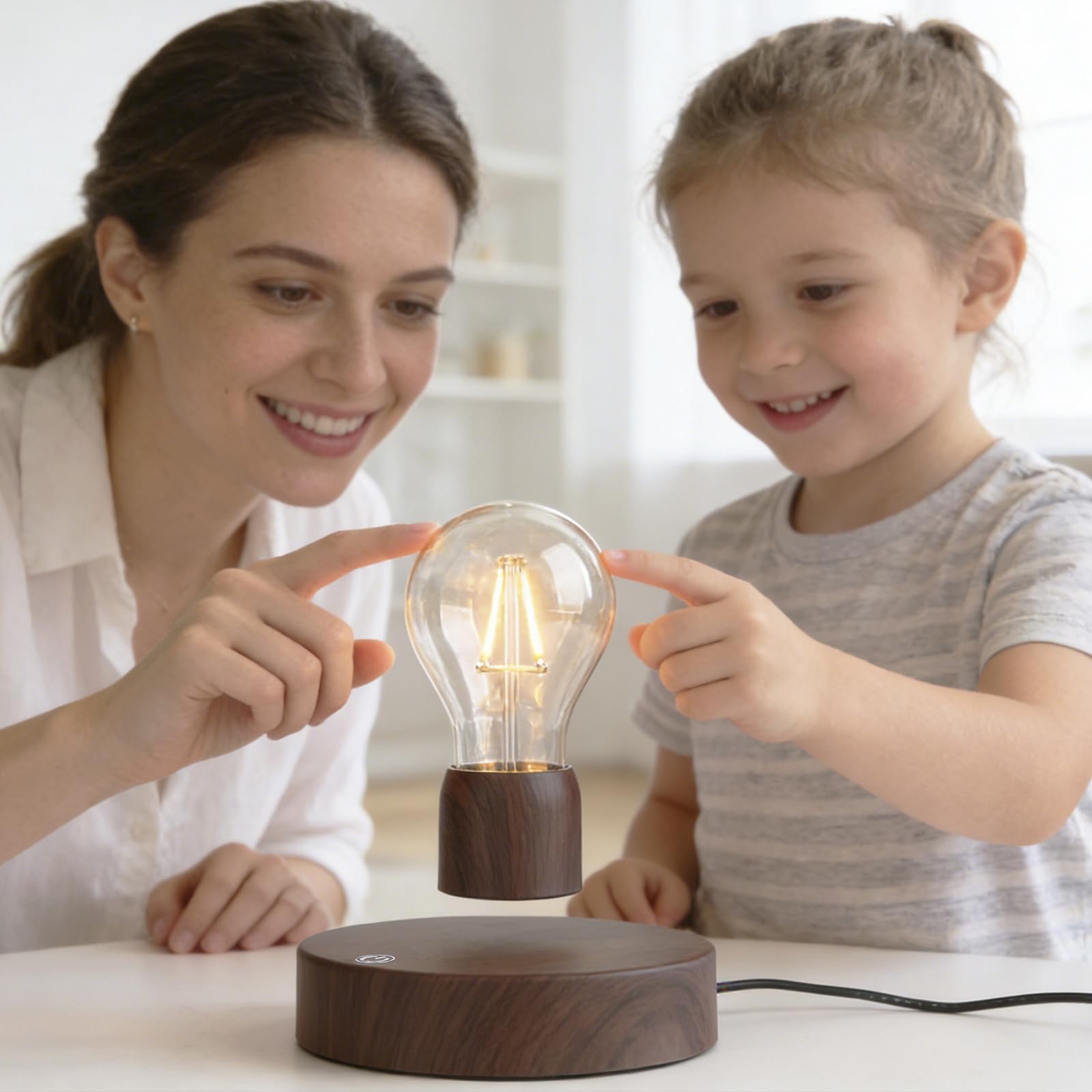Magnetic Levitating Floating Wireless LED Light Bulb Desk Lamp for Unique Gifts, Room Decor, Night Light, Home Office Decor Desk Tech Toys (Round Wooden Base..)