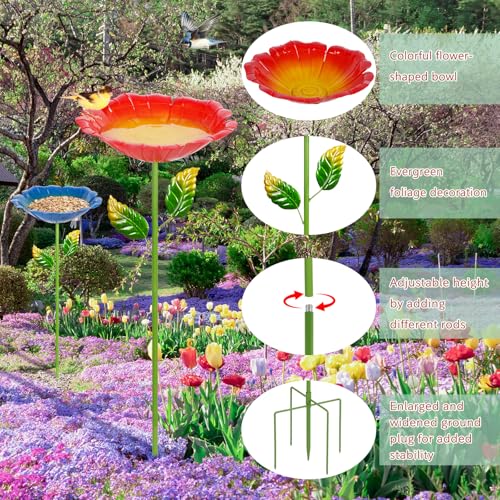 Image of 2 Pack Bird Bath for Outside, Outdoors Garden Decor Flower Birdbath | Colorful Metal Bird Bowl with Five Stakes for Hummingbird Baths & Bird Feeders, 31.3 inch H x 10.63 inch Dia (Cyan, Deep Red)