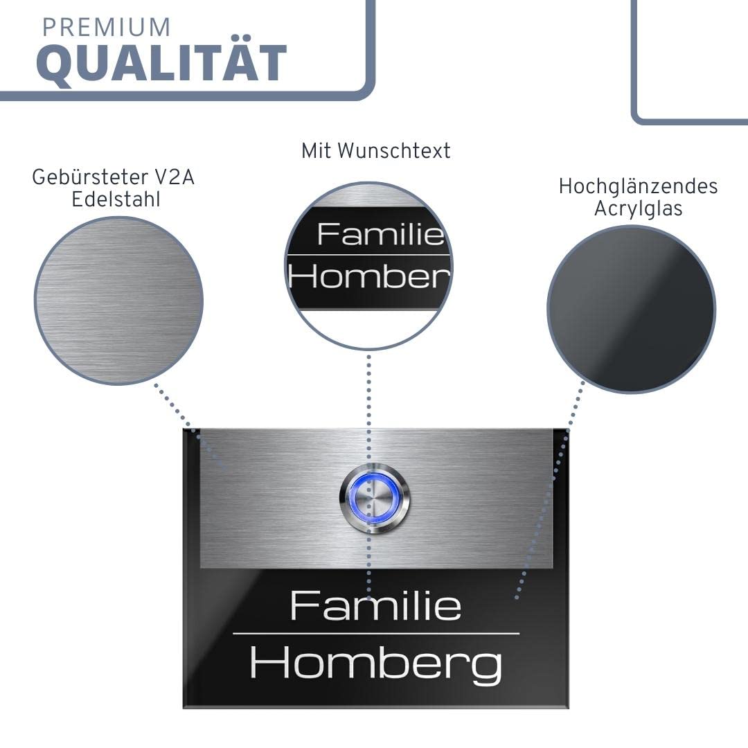 Edle Türklingel mit Gravur und LED-Klingelknopf und über 99 Motive personalisierbar 11x8 cm | Modell: Homberg-Aa | gravierte Klingel aus Hochglanz Acrylglas und Edelstahl Klingelschild Klingelplatte