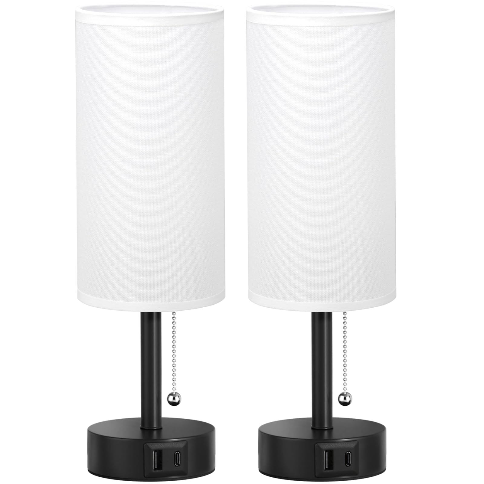 Fenmzee USB-Nachttischlampen, Set mit 2–3 Farbtemperaturen, Zugkettenlampe mit USB-C- und A-Ladeanschlüssen, runde Nachttischlampen für Schlafzimmer