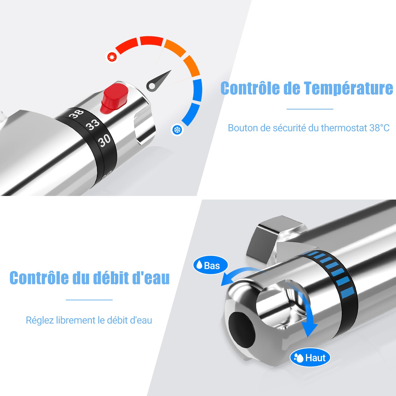 LADOKEE Mitigeur Douche, Robinet Thermostatique Douche avec Bouton de Sécurité 38 °C, Anti-brûlure, Entraxe 150mm, Raccord G 1/2, Laiton, Température Réglable 20-50°C, Chromé, pour Salles de Bains