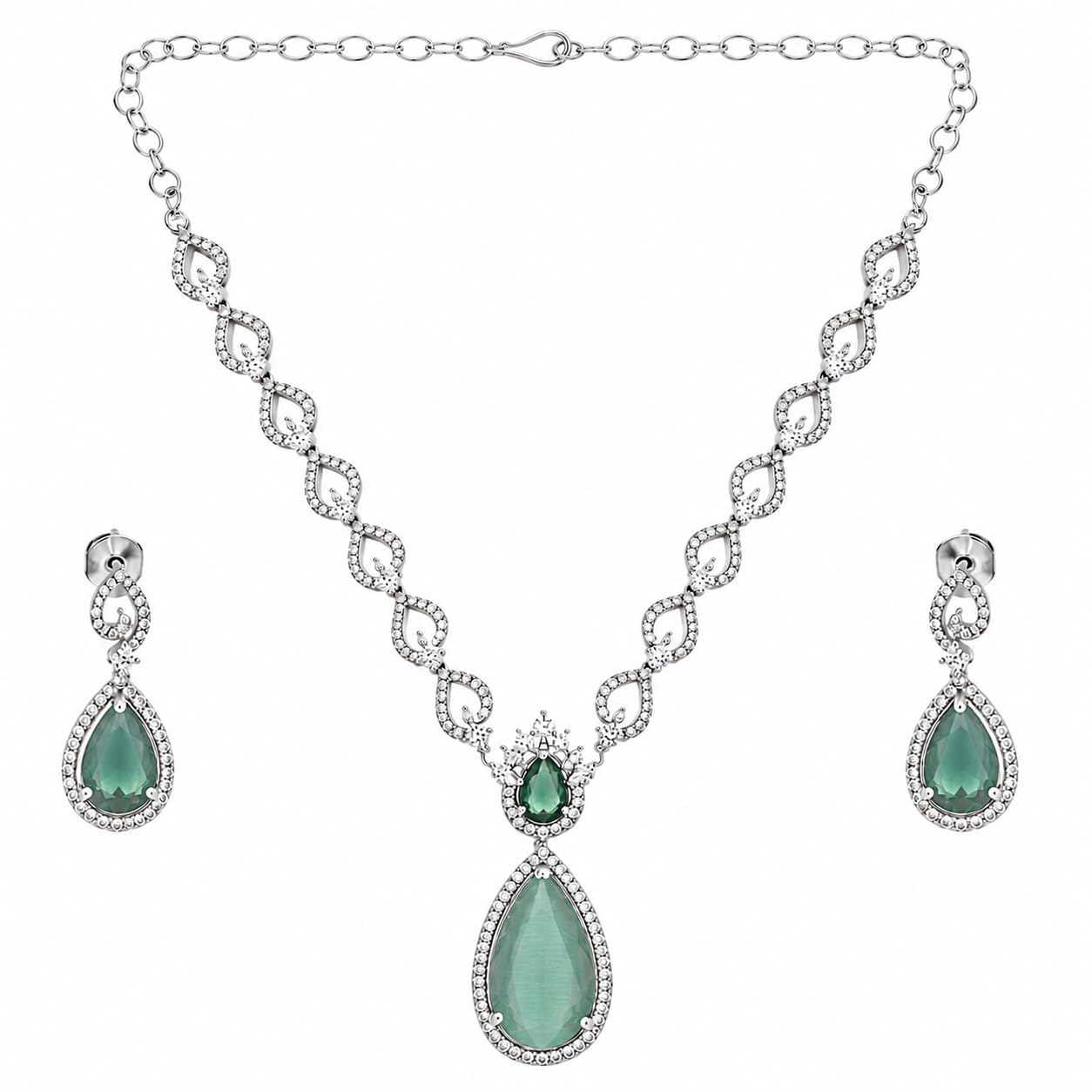TriSou Captivating Green American Diamond Necklace Set | Bridal Jewellery Set with Matching Earrings |For Wedding, Festive & Party | American Diamond CZ Jewellery for Women-image-11