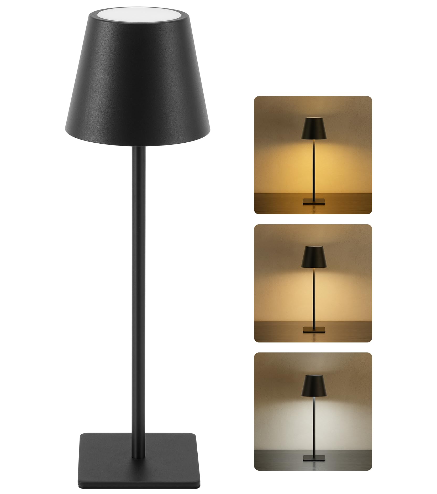 UME Cordless Table Lamp, Battery Operated Lamp - Portable Waterproof Rechargeable Table Lamp w/ 3 Color Temps &amp; Stepless Dimming for Dinner, Desk, Cafe, Outdoor (Black)