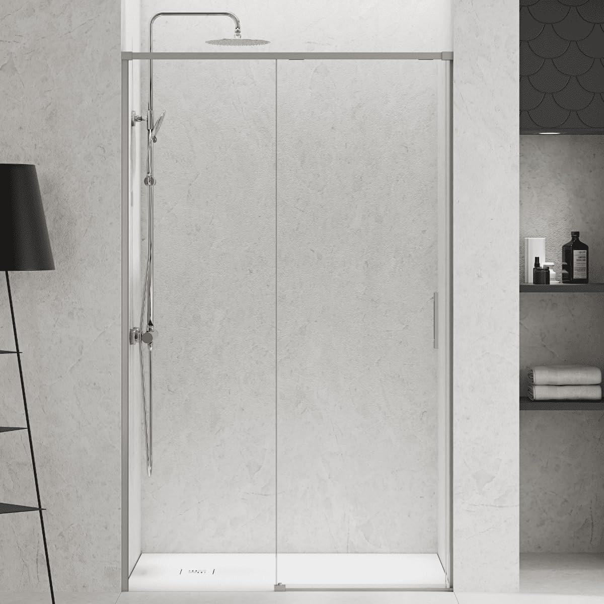 Mampara Ducha Frontal 1 puerta 1 fijo Corredera | Vidrio Templado 6mm Antical Transparente | Perfil Acero Cepillado 160 cm (Adaptable 155,1-160cm)