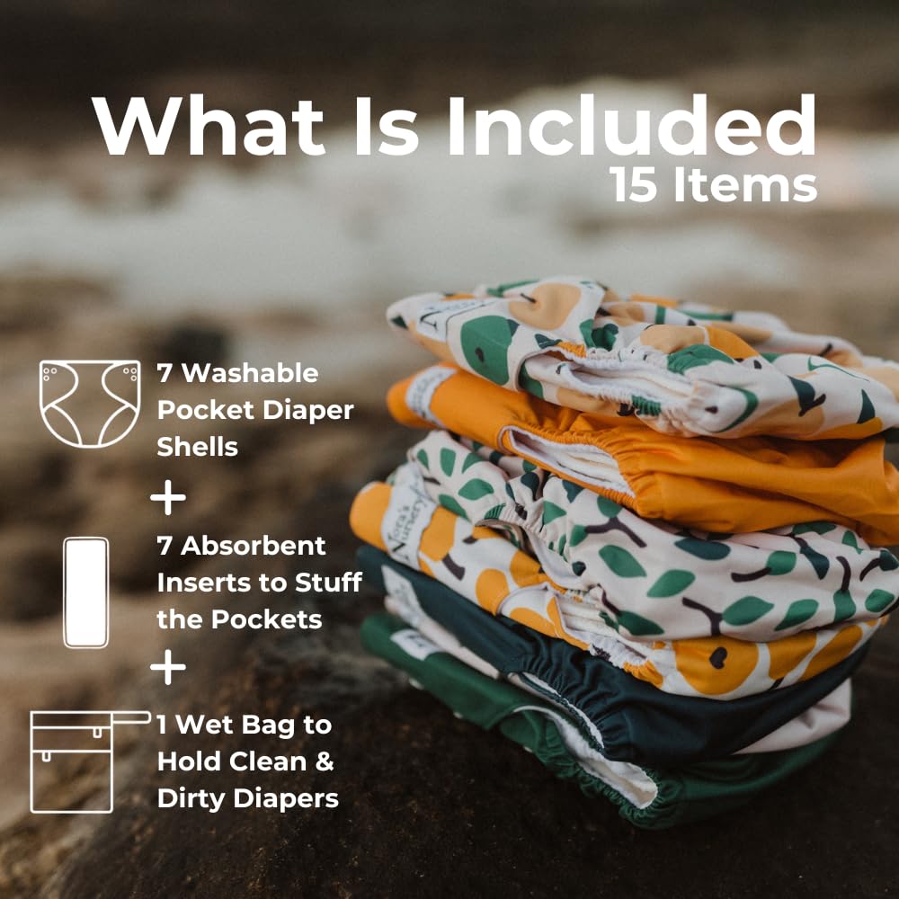 Nora's Nursery Cloth Diapers 7 Pack with 7 Bamboo Inserts & 1 mokra torba - wodoodporna okładka, zmywalna, wielokrotnego użytku i jeden rozmiar Adjustable Pocket Diapers for Small and Toddlers -