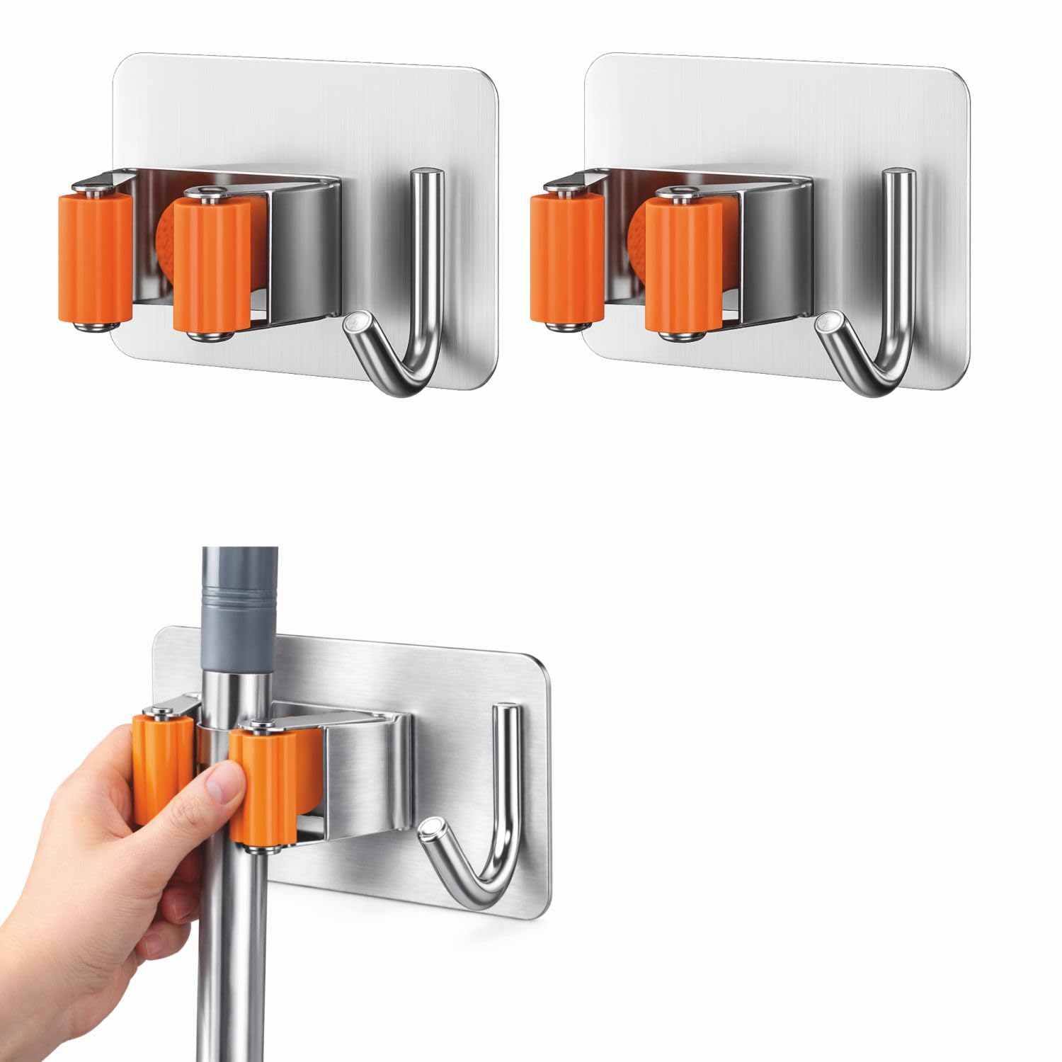 JIALTO 2 Pcs Adhesive Mop Holder and Broom Holder Wall Mounted Stainless Steel | Heavy Duty Mop & Broom Organizer with Hooks | Adhesive Storage Rack for Kitchen & Bathroom - Orange
