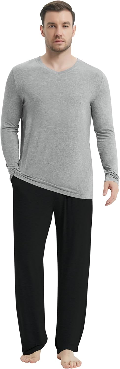 NACHILA Pajamas for Men-Viscose Made from Bamboo,Long Sleeve Pj Set Comfy Sleepewear V Neck Pajama with Pants