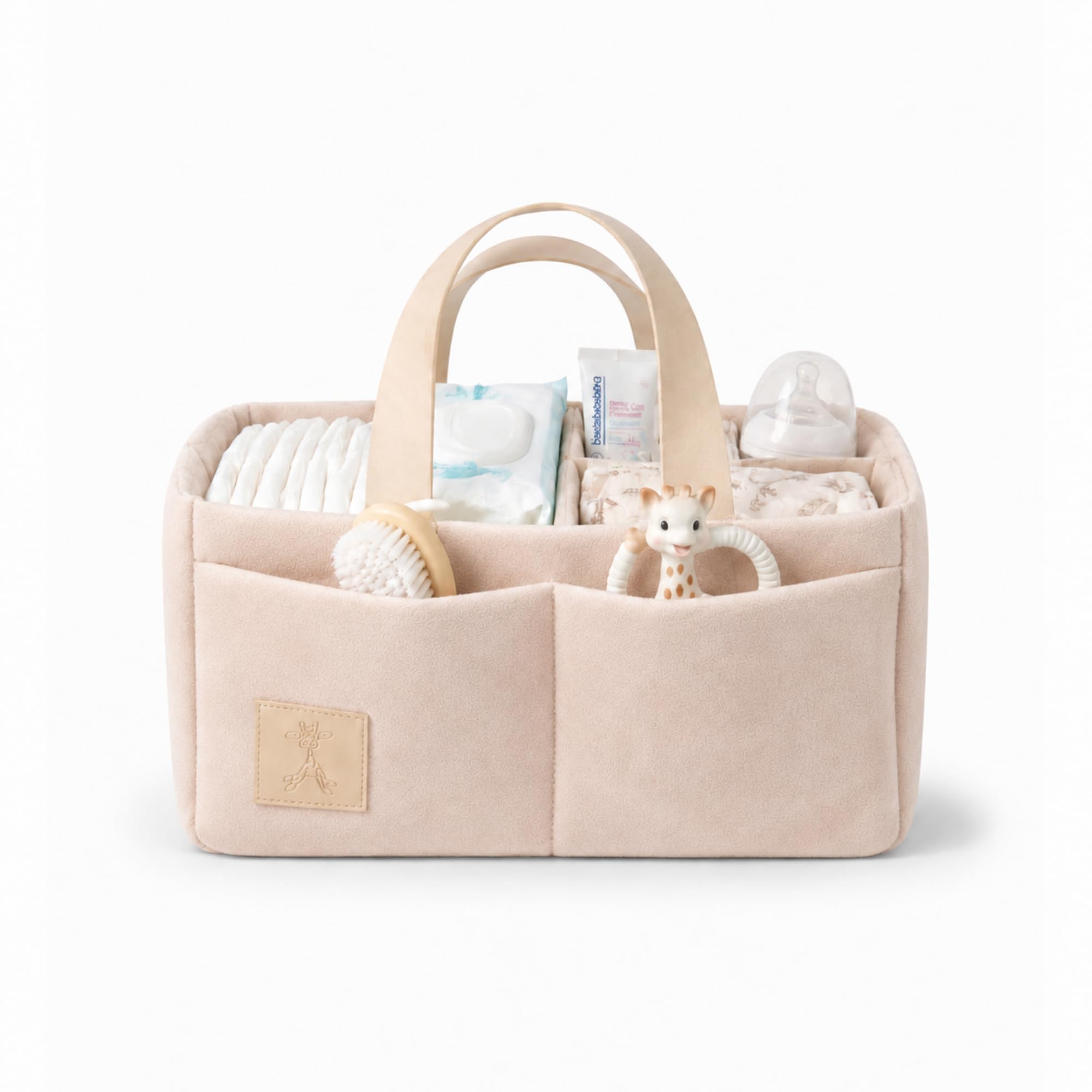 GIGIL Vegan Suede Diaper Caddy Organiser - Baby Organiser for Nursery - Vegan Suede Nappy Caddy - Organic Cotton & Insulated Pocket - Car Organiser for Diapers (Warm Beige)