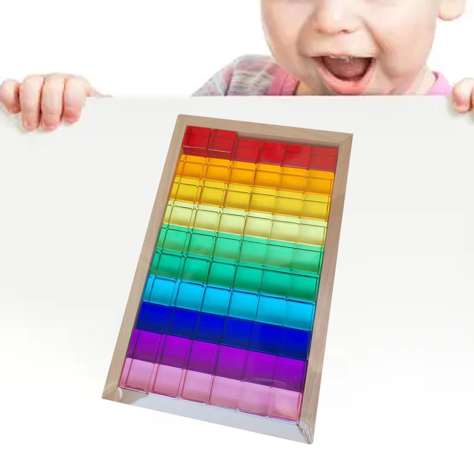 Stapelspiel Regenbogen Acryl Edelsteinwürfel, Regenbogen-GEM-Würfel Bausteine, Glatt Stapelspiel Würfelblöcke Bausteine-Set für Kinder,60Stück+10 Karten,Hohe Transparenz