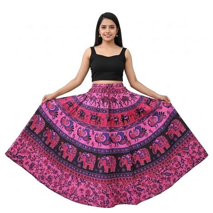 Silver Organisation Jaipuri Women's Cotton Printed Elastic Long Skirts-picture-56