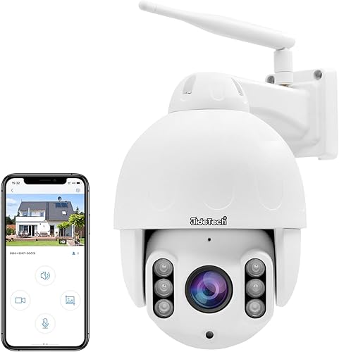 JideTech Cámara WiFi PTZ de 5MP al aire libre, Cámara domo IP con zoom óptico 5X, Cámara de seguridad de seguimiento automático, Visión nocturna IR