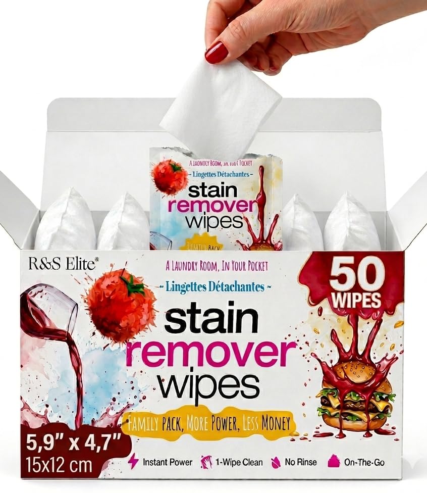 Image of Stain Remover Wipes, 50 Count, Individually Wrapped, Instant Stain Removal