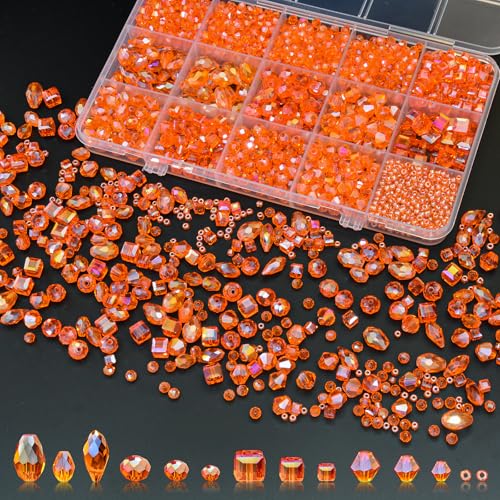 Laopottbeads 1500 Pcs Crystal Glass Beads for Jewelry Making 12 Styles Bicone Rondelle Cube Teardrop & 3mm Spacer Beads DIY Bracelet Necklace Earring Craft Kit Random Colors(Orange)