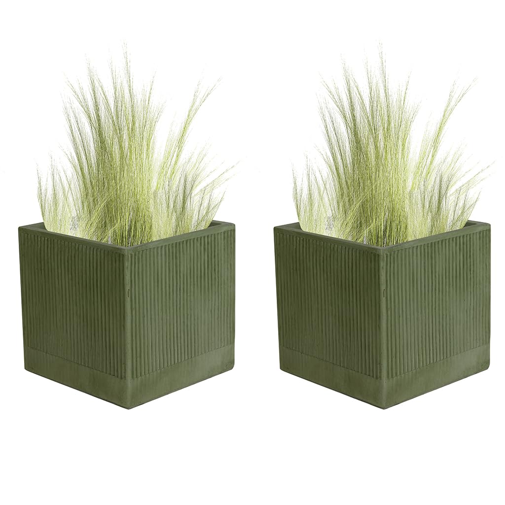 Fibre Clay Box Planters 30cm Set of 2 Striped Plant Pots (Green, M, 20L)