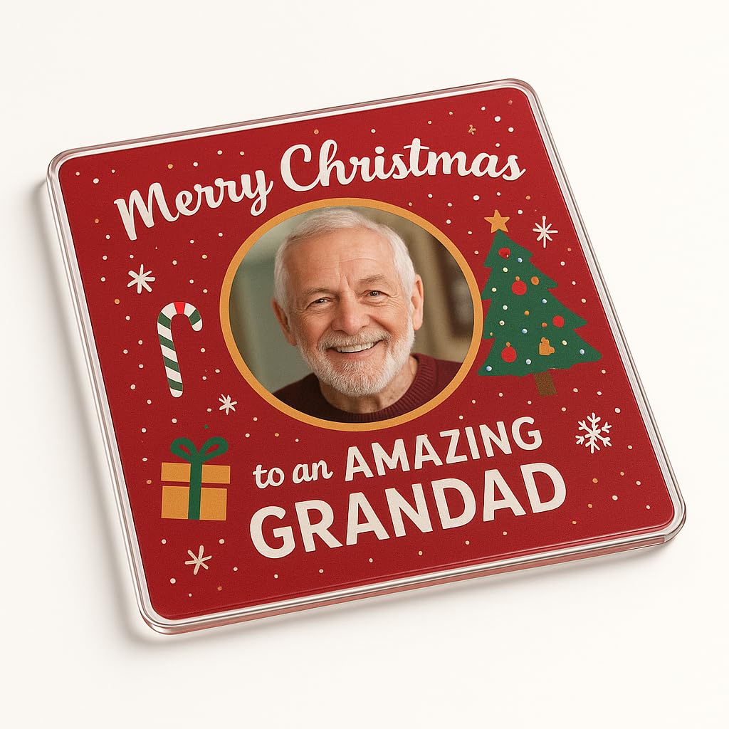 The Plum Penguin Grandads Joyful Fram Acrylic Coaster Gift With Festive Personalised Photo Frame - E Christmas Keepsake For Amazing Grandad