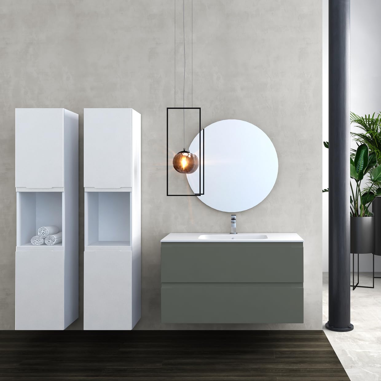 Diventa Modello Diva Star, Mobile Bagno sospeso 100cm con 2 cassetti spaziosi e lavabo dal design moderno, colore verde e bianco