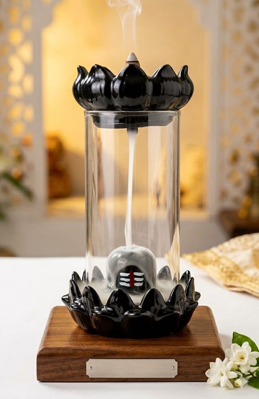 Glass Shivling Backflow Incense Holder with Waterfall Smoke Effect | Glass & Ceramic Incense Cone Burner for Home Temple, Meditation & Pooja Decor | Spiritual Decorative Showpiece for Home & Office.-image-5