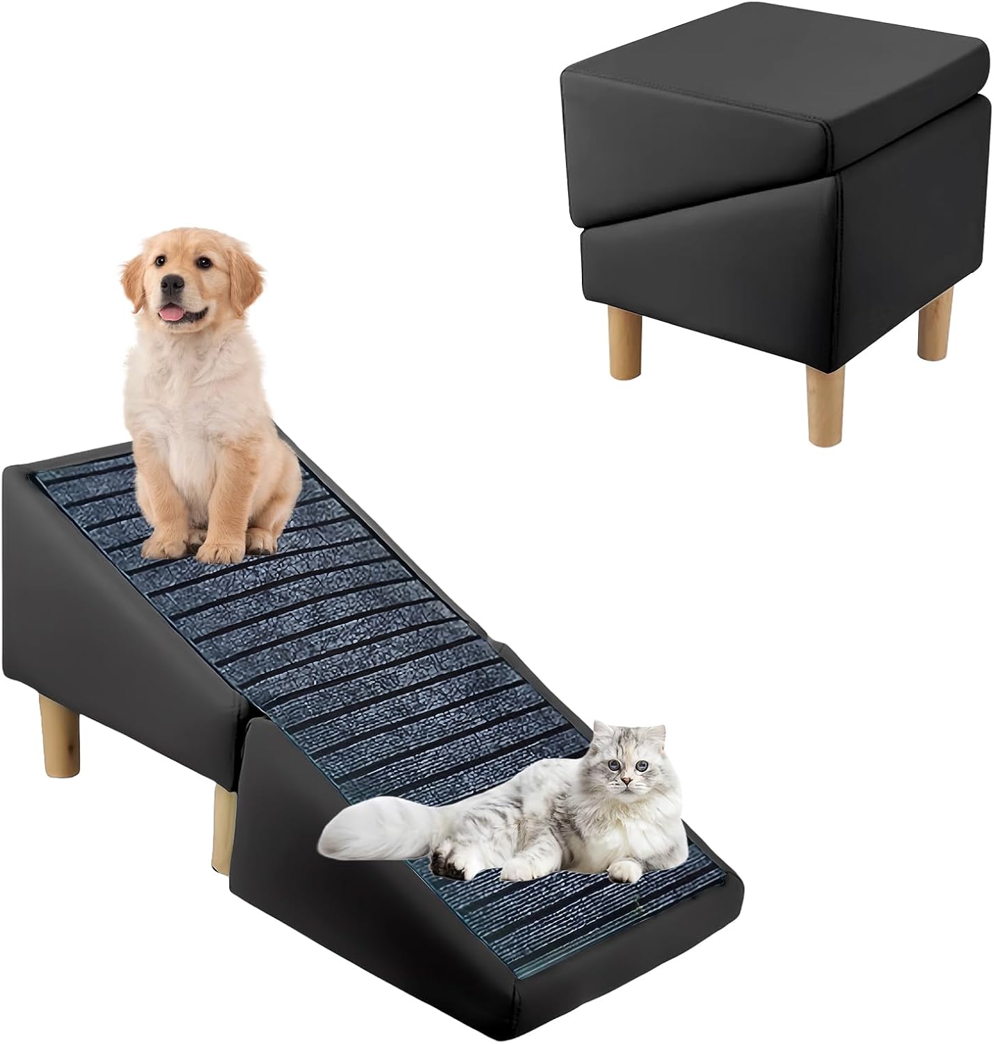 Upgraded Cat Scratcher Split Ottoman Dog Ramp, 2-in-1 Convertible Wooden Home Step Stool Dog Ramp Stairs for Small Dogs and Cats,Includes A Non-Slip Mat,Portable Pet Ladder for Bed and Couch (Brown)