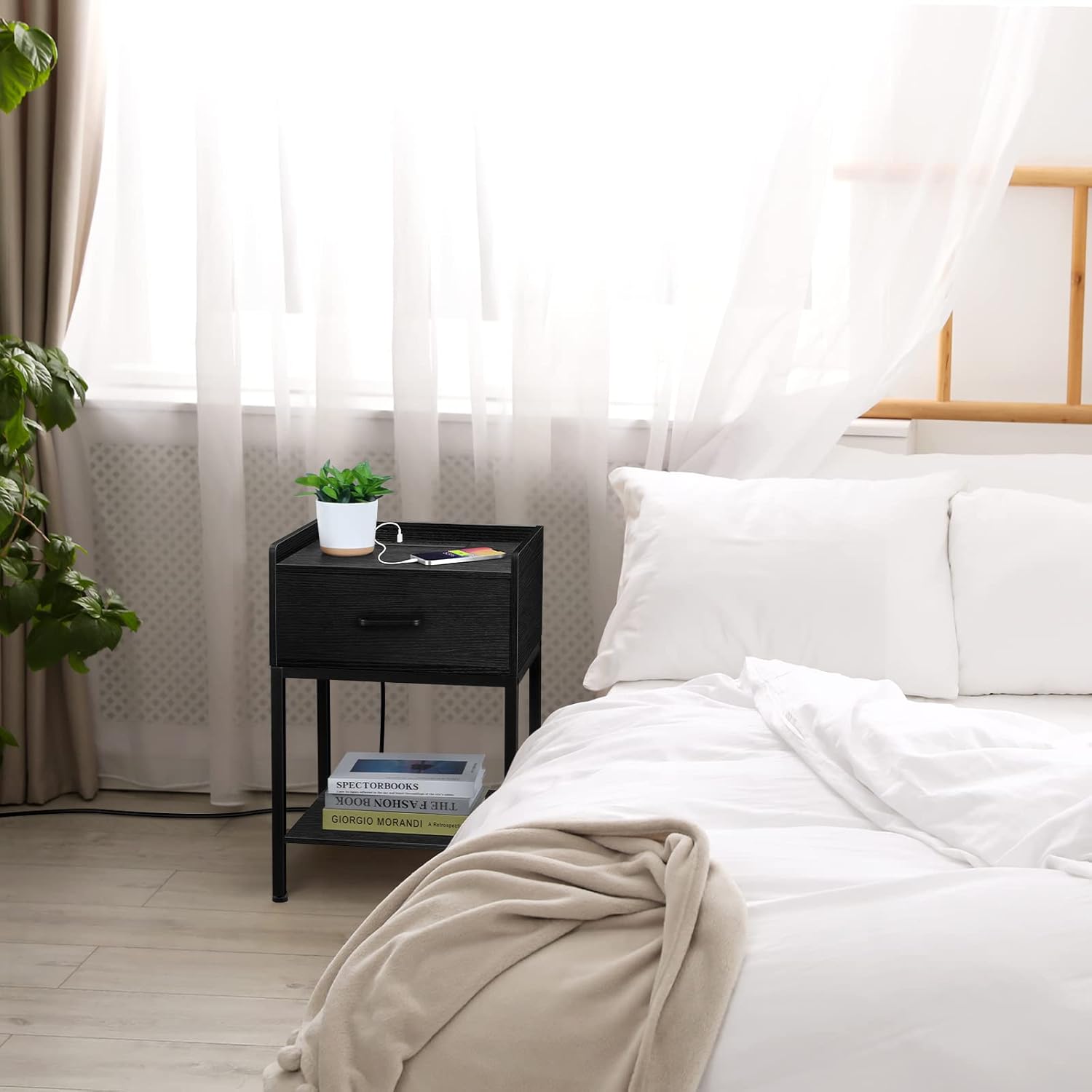 Black Nightstand with Charging Station