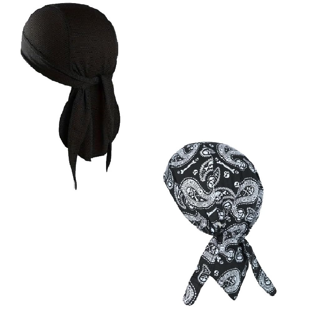 Headwrap Durag Doo Rag Skull Cap Lot or Set of 2 Black White Skull Paisley with Sweatband Cotton