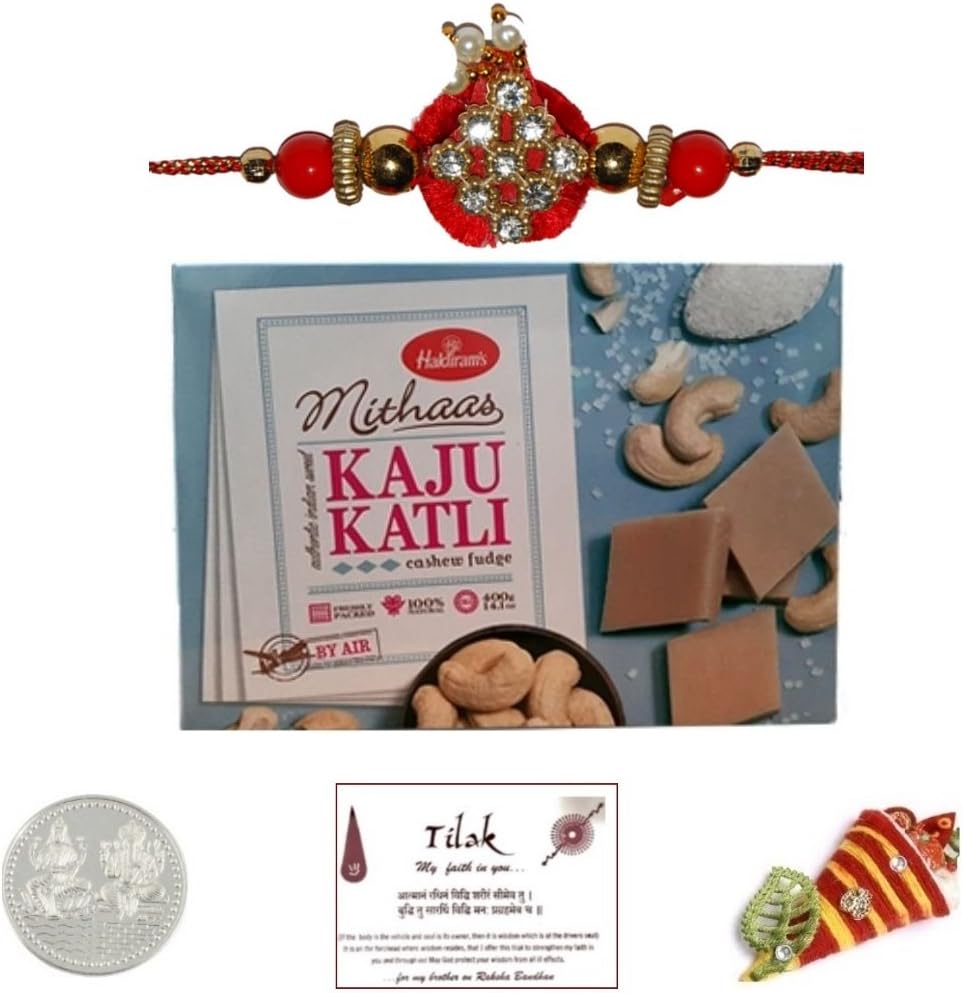 Red Zardosi Rakhi with Haldiram Kaju Katli