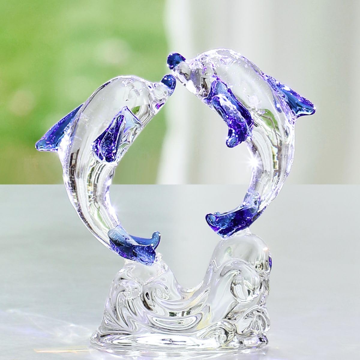 Hand Blown Glass Blue Dolphin Figurine Love Animal Ornament Handmade Sculpture Statue for Home Decor Valentine's Day Gift for Her