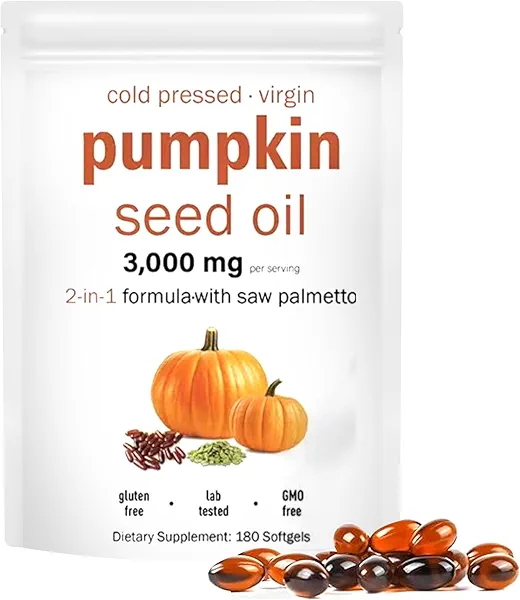Pumpkin Seed Oil 2 in 1 with Saw Palmetto,3000mg Per Serving,180 Softgels Pure Virgin Oil,Supports Hair, Urinary, Bladder & Prostate Health,Essential Fatty Acids & Phytosterols | Non-GMO