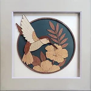 Burnt Orange Wood Veneer Humming Bird (8 inch X 8 inch) Wooden Wall Decor for Living room | Bedroom | Gifts | Wall Hangings for Decoration | Modern Decor Items | Artworks