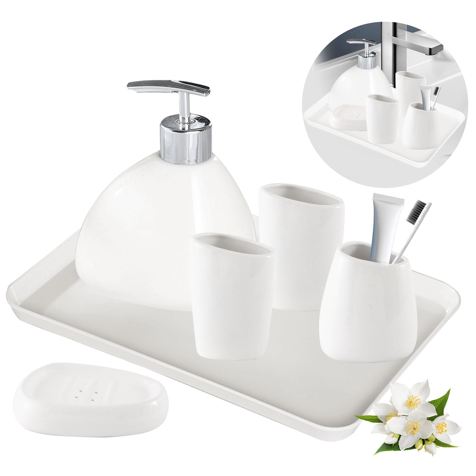 Set Bagno Accessori Completo in Ceramica, 6 Pezzi Set Accessori Bagno Moderno Include Dispenser di Sapone, Portaspazzolino, Coppetta per Collutorio, Scatola per Sapone e Vassoio, Bianco
