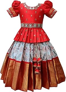 Girls Polyester Blend Traditional South Indian Pattu Pavadai Jecquard Lehenga Choli Dress