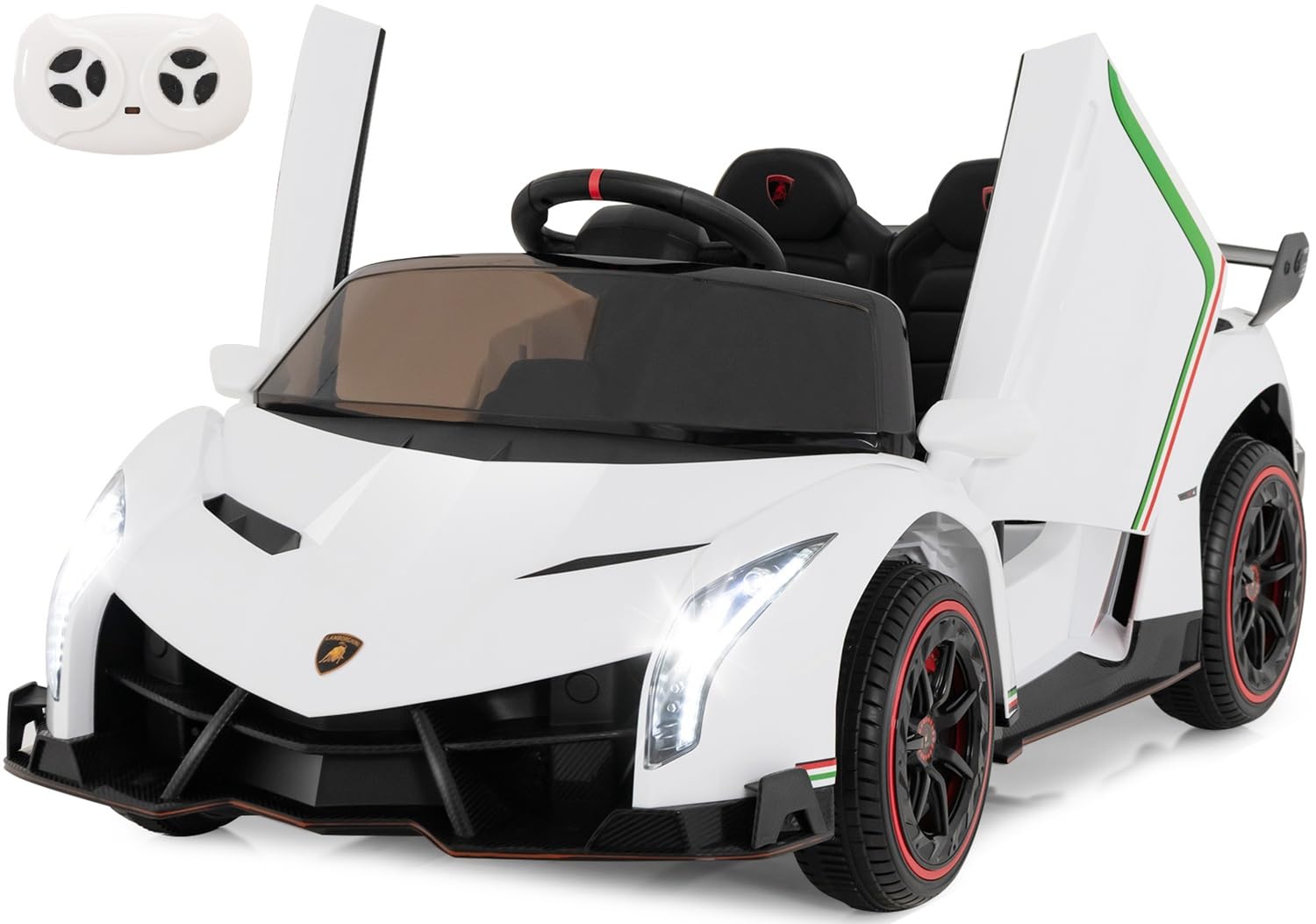 INFANS 2 Seater Kids Ride on Car, 12V 4WD Licensed Lamborghini Veneno Powered Electric Vehicle with Hydraulic Doors, Rocking Mode, Adjustable Speeds, Remote Control, MP3, Headlight (White)OEKO-TEX STANDARD 100
