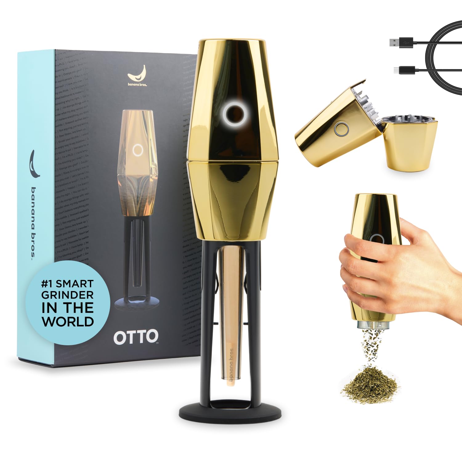 Banana Bros OTTO Electric Smart Spice Grinder - Automatic Herb Grinder with Smart Technology - USB Rechargeable - Portable Milling for Dry Herbs and Spices - Gold - Carrying Case Included