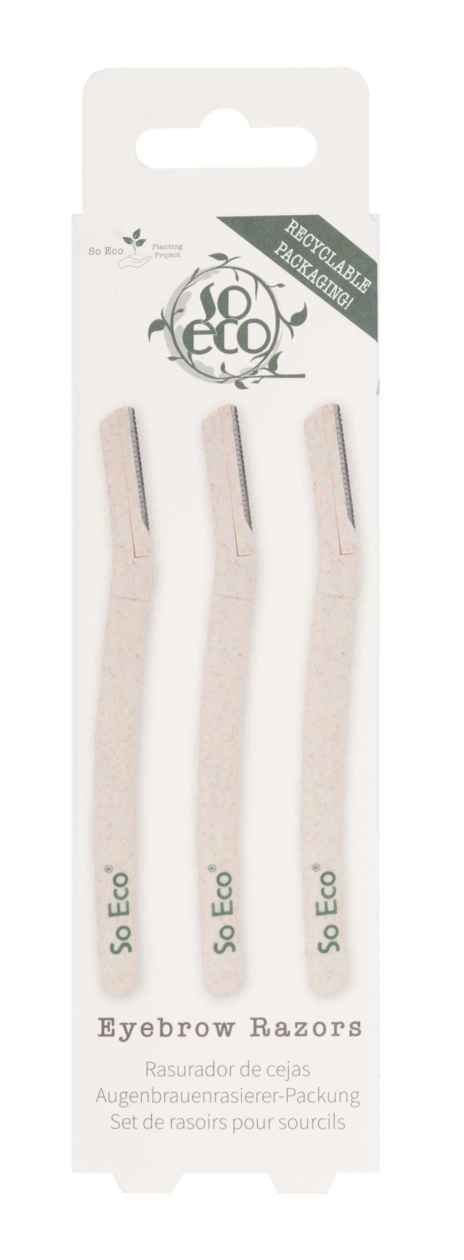 So Eco Eyebrow Razors - Pack of 3 Precision Stainless Steel & Cornstarch Facial Hair Removal Tools, Vegan, Cruelty-Free Dermaplaning Blades for Brows & Peach Fuzz