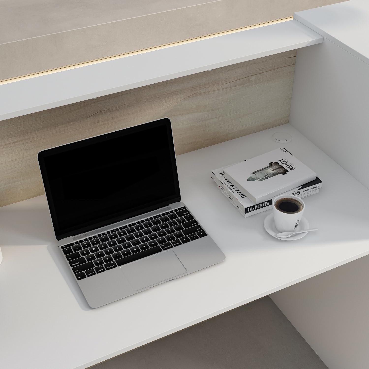 Banco di reception, grandi banchi con ripiani regolabili, bancone della reception, mobili da ufficio, colore legno e bianco, 180 x 60 x 110 cm, MDF, moderno ed elegante