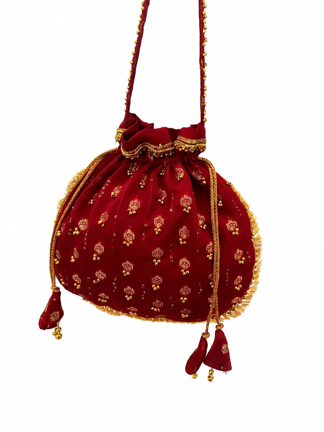Paras Bridal Potli Bag Red with Gold Embroidery and Tassels-image-46