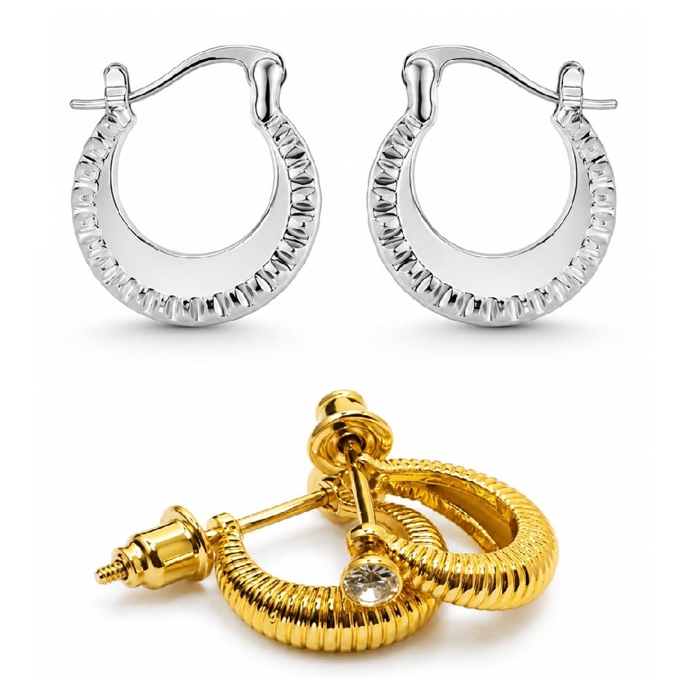 Combo of Men Silver Chand Bali & Golden Shell Style with Stone Pairs Ear Earrings Stylish Stainless Steel Daily Wear Party Look-image-31