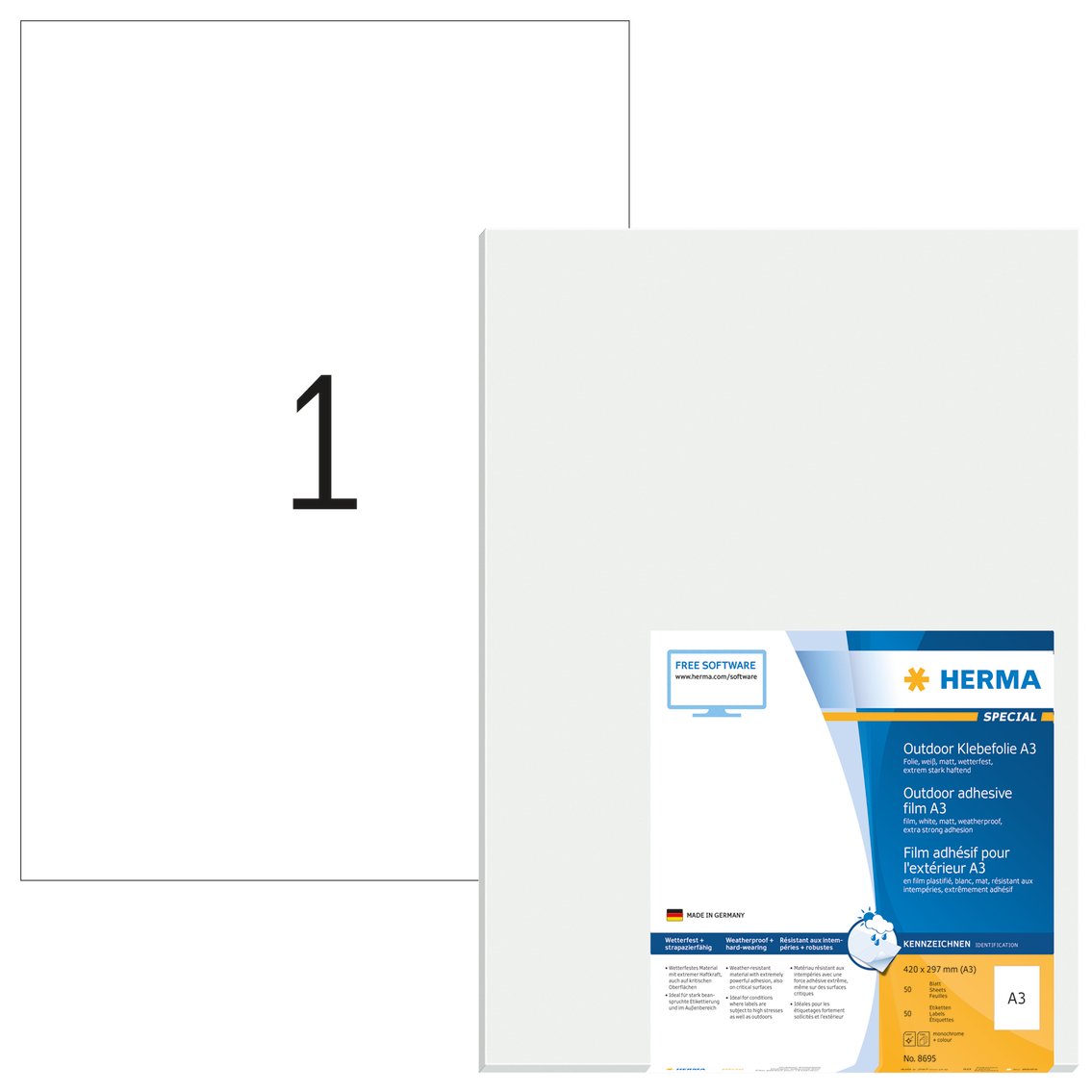 HERMA 8695 Wetterfeste Folien-Etiketten DIN A3 (297 x 420 mm, 40 Blatt, Polyethylen, matt) selbstklebend, bedruckbar, extrem stark haftende Outdoor Klebefolie, 40 Klebeetiketten, weiß