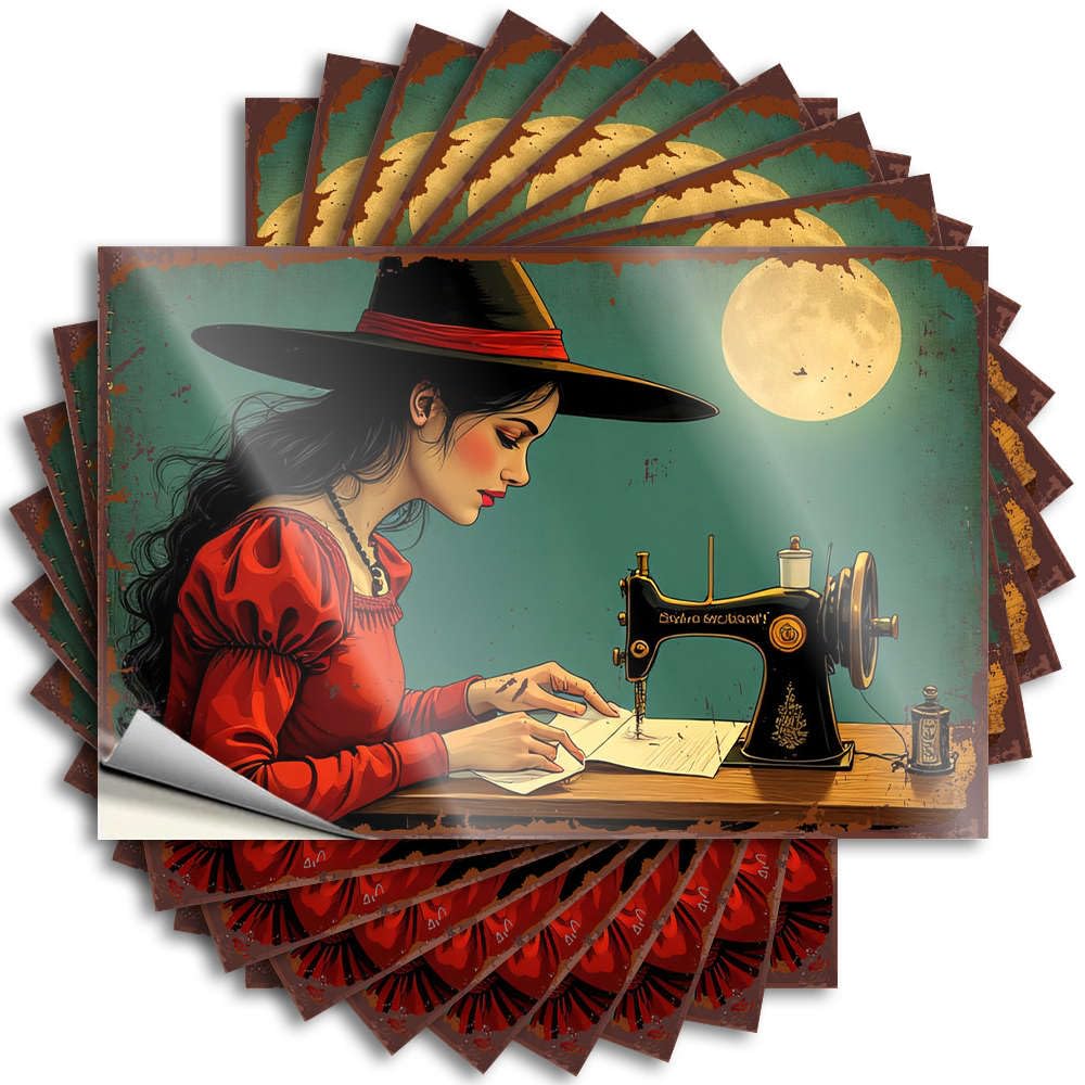 Lettering Sticker Waterproof Vinyl Sticker | A Woman in A Red Dress Sews Under A Full Moon Happy for Exterior Use(8X12CM)