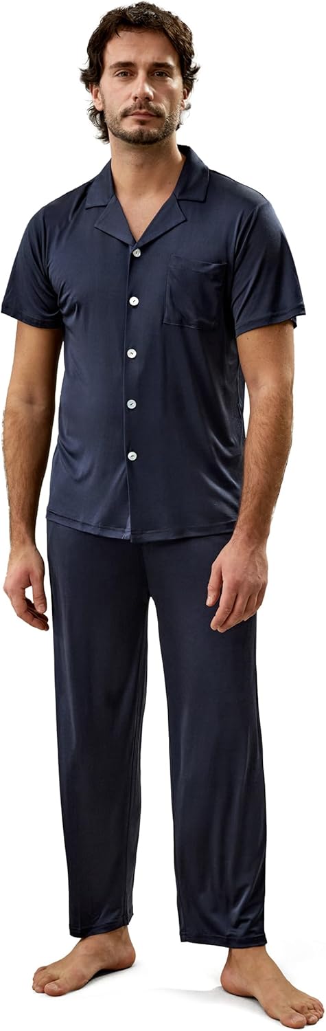 LilySilk 100% Silk Knit Pajama Set for Men Classic Button-Down Short Pajama Top & Matching Waisted Pants for Summer