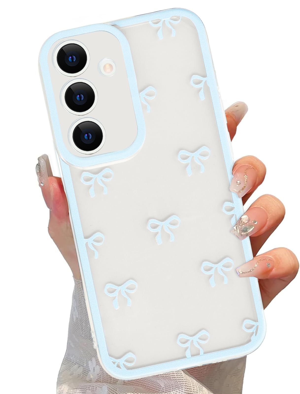 lioscre Cute Coquette Bow Phone Case for Samsung Galaxy S25 5G 6.2", Clear Aesthetic Blue Ribbon Bowknot Pattern Print Design Case Transparent