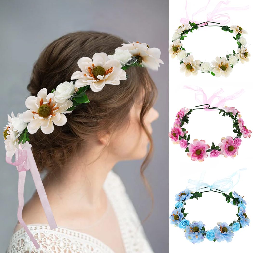 Edary Bridal Floral Crown Headband Flower Headpiece Wedding Hair Wreath Festival Hair Accessories for Women(White)