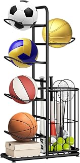 Sports Equipment Organizer,Vertical Storage Rack with Ball Holder, Ideal for Garage, Indoor, Outdoor Use, Hooks for Basketball, Volleyball, Football, Soccer, Black
