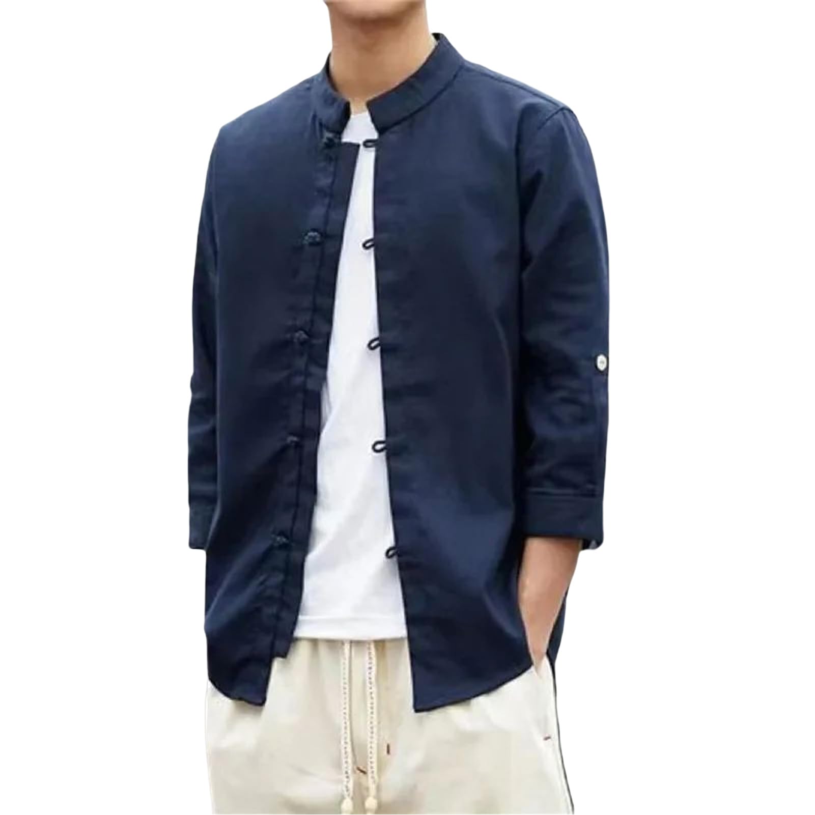 Camisa de lino con nudo y botones para hombre, estilo callejero, estilo japonés, estilo callejero, estilo informal, para verano