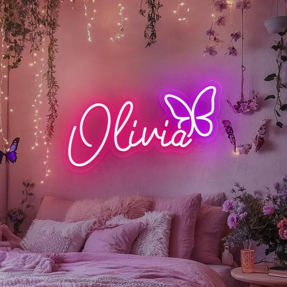Custom Butterfly Name Neon Sign for Kids, Girl's Bedroom Nursery Dorm LED Name Neon Light Butterfly Home Wall Decor Personalized Christmas Gifts