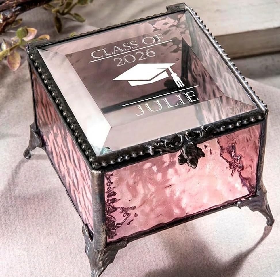 Product Image of the Graduation Keepsake Box Class of 2026 Personalized Name, Textured Clear Glass Jewelry Box, Engraved Memory Box with Graduation Cap, Senior Gift 2026
