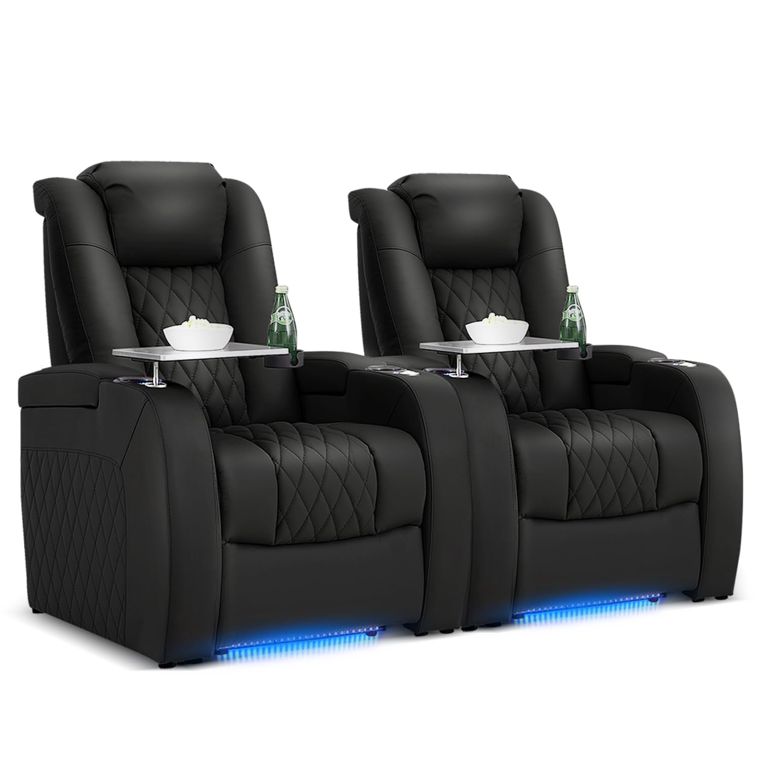 PBRO Home Theater Seating Genuine Leather Recliner Chair, Power Reclining & Headrest, USB A/C Charging Ports, Tray Table, Cup Holder Ambient Lighting
