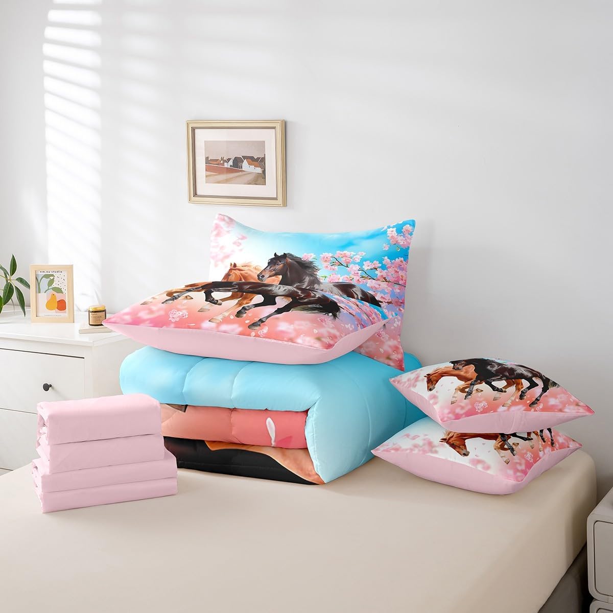 Feelyou Cherry Blossom Horse Comforter Set with Sheets Queen Size for Kids, Horse 7 Pieces Bedding Set Galloping Horse Bed in A Bag Boys Horse Bed Set 7Pcs