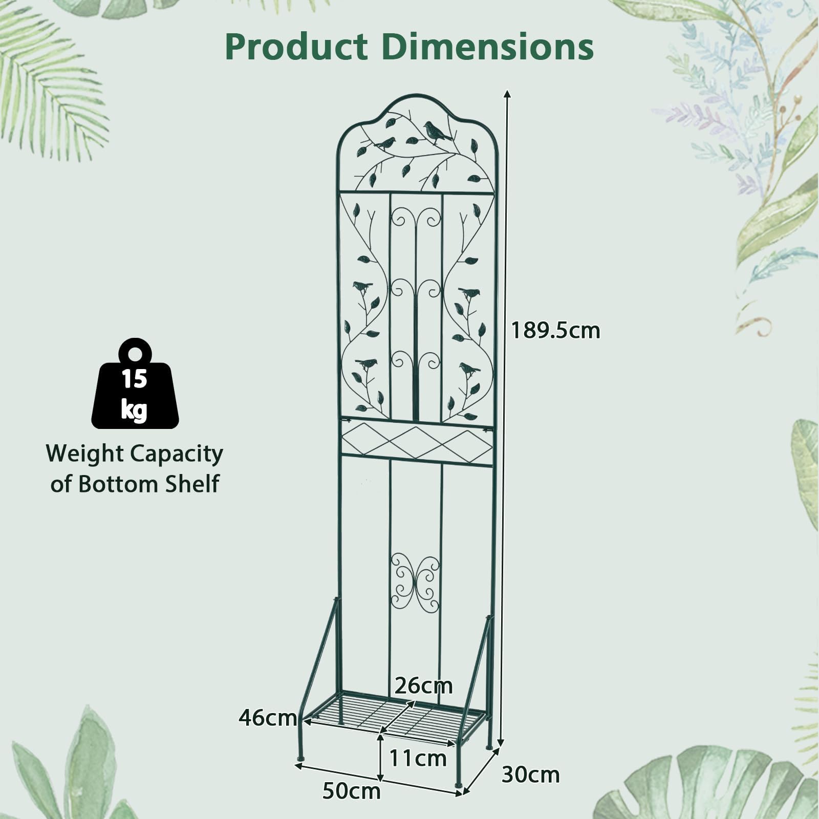 FANTASK Griglia per traliccio in metallo 3 in 1, con base, recinzione decorativa da giardino e scaffale per fiori, per piante rampicanti, fiori e verdure (verde scuro)