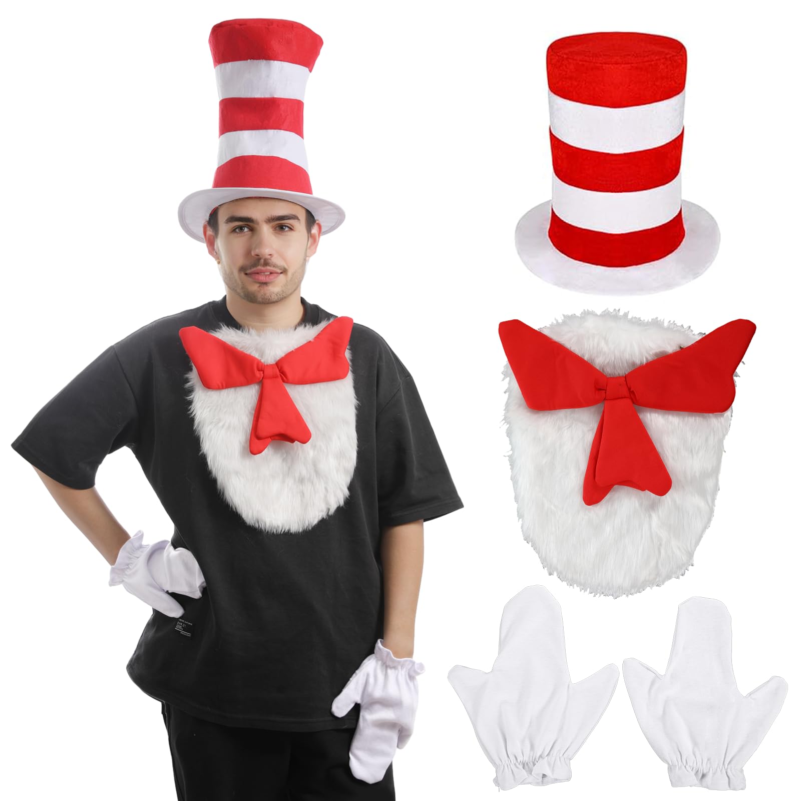3PCS Adult Cat in Hat Costume, Striped Red Hat Gloves Bowtie Accessory, Crazy Cat Cosplay Outfits for World Book Day Fancy Dress